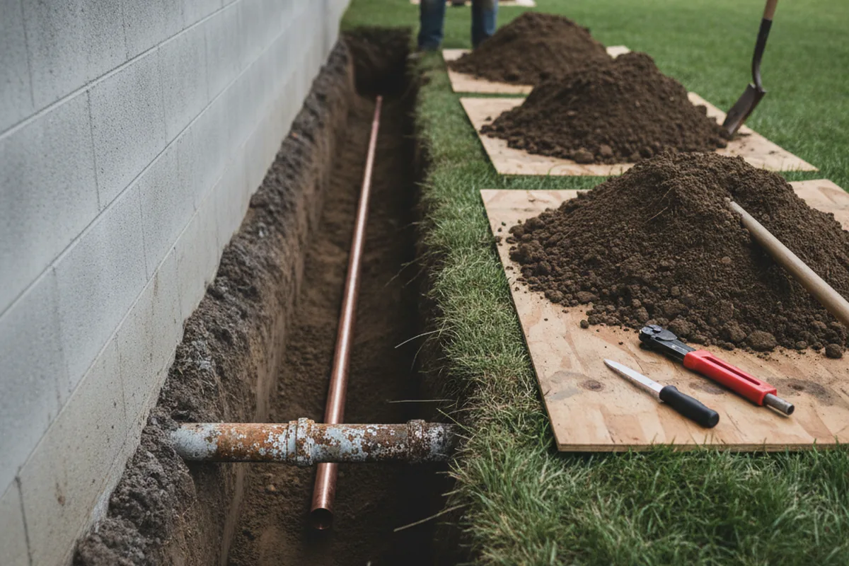 Excavated water line trench during Water Heater Repair in Dewar